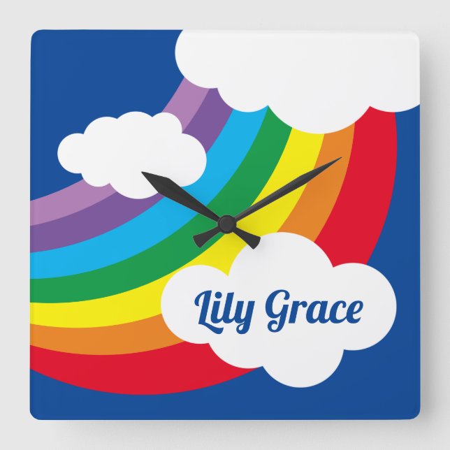 Personalised Weather, Rainbow, Clouds and Sunshine Square Wall Clock (Front)