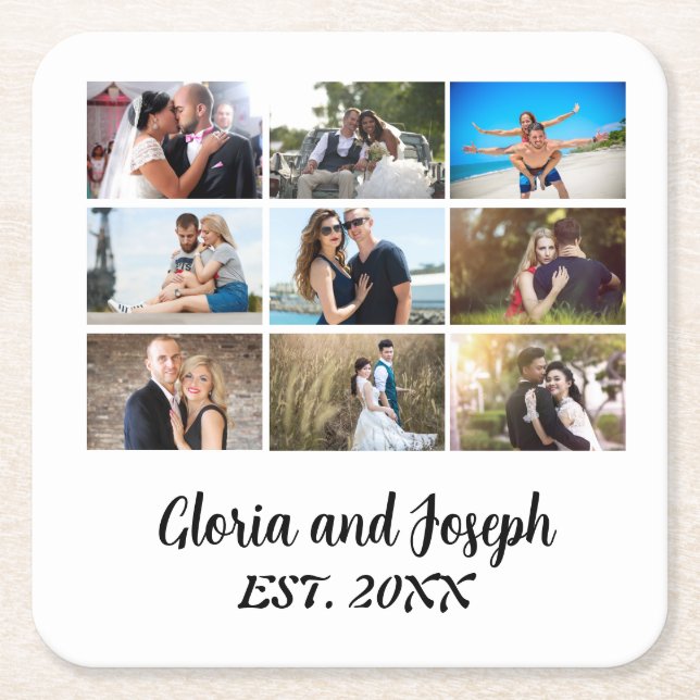 Personalised Wedding Anniversary 9 Photo Collage Square Paper Coaster (Front)