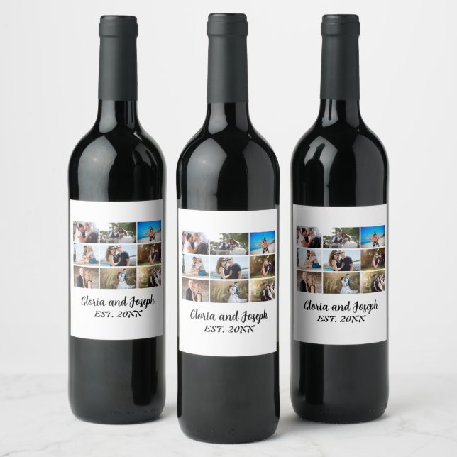 Personalised Wedding Anniversary 9 Photo Collage Wine Label (Bottles)