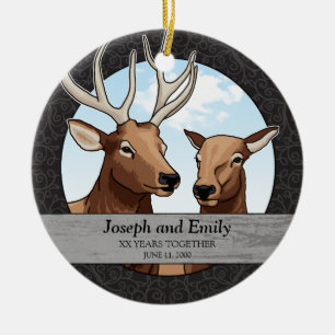 Personalised Wedding Anniversary, Elk Pair Ceramic Tree Decoration