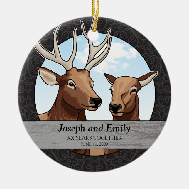 Personalised Wedding Anniversary, Elk Pair Ceramic Tree Decoration (Front)