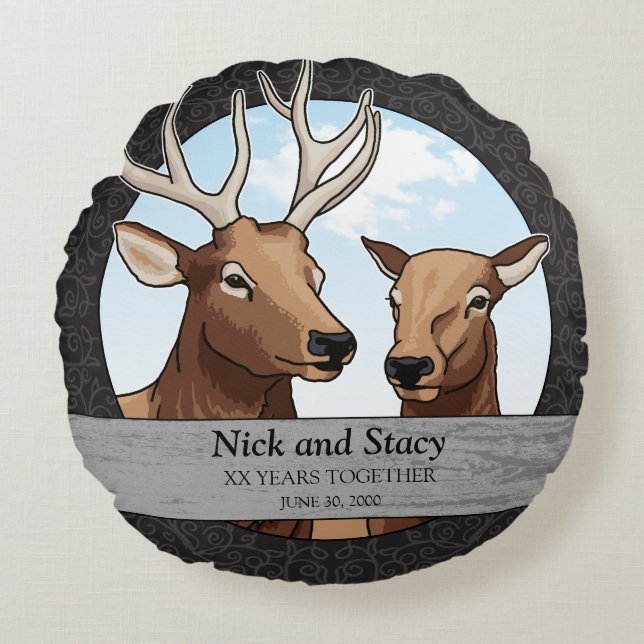 Personalised Wedding Anniversary, Elk Pair Round Cushion (Front)