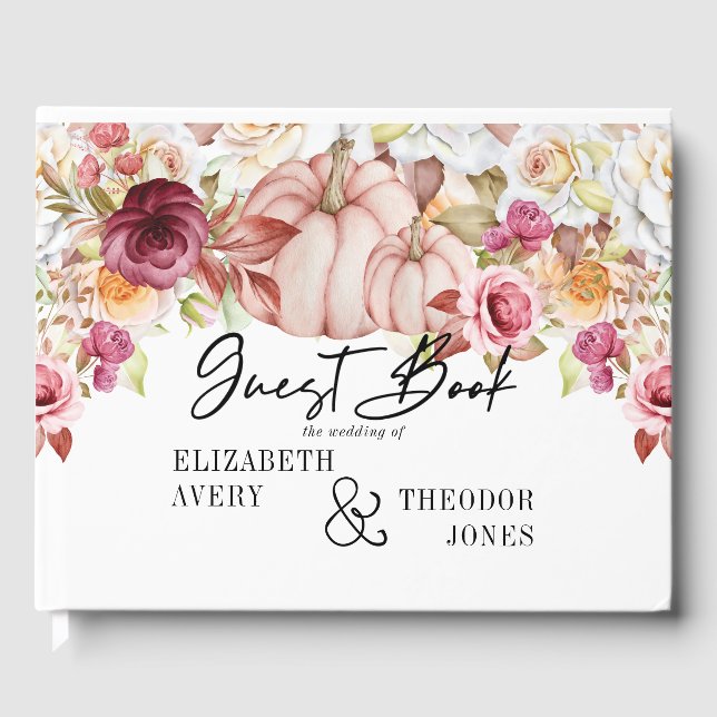 Personalised Wedding Autumn Pink Burgundy Pumpkin Guest Book (Front)