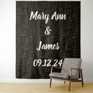 Personalised Wedding Backdrop Black Gold Lights Tapestry