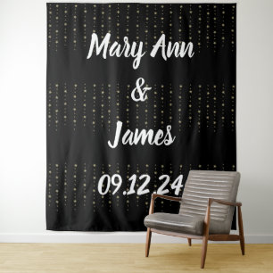 Personalised Wedding Backdrop Black Gold Lights Tapestry