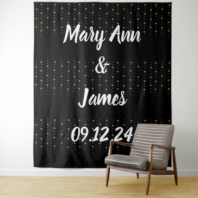 Personalised Wedding Backdrop Black Gold Lights Tapestry (In Situ)