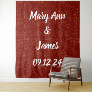Personalised Wedding Backdrop Red Gold Lights Tapestry