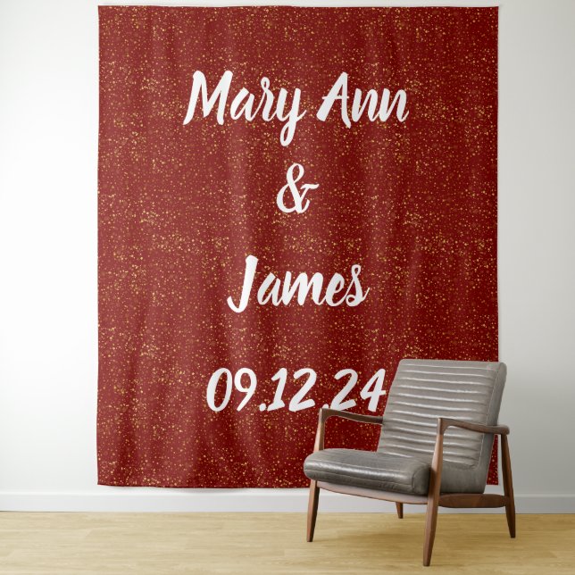 Personalised Wedding Backdrop Red Gold Lights Tapestry (In Situ)