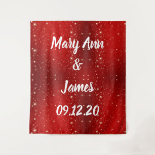Personalised Wedding Backdrop Red Gold Lights Tapestry