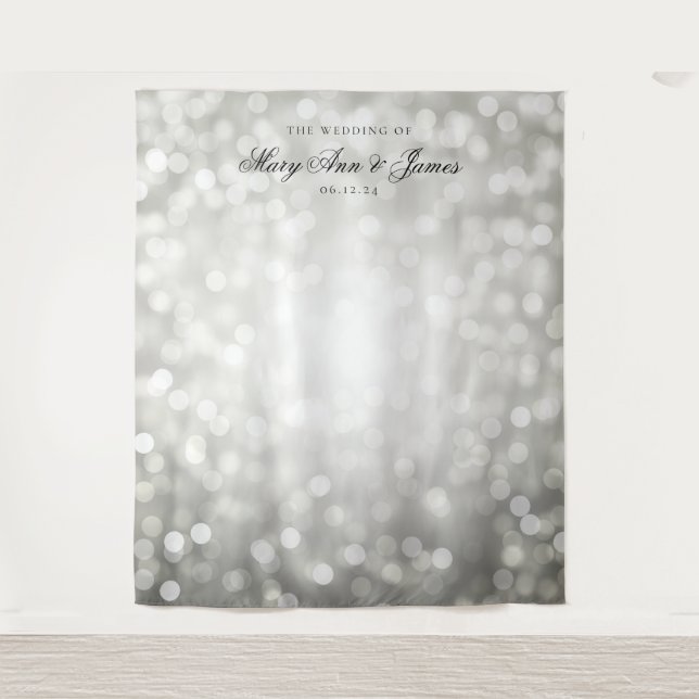 Personalised Wedding Backdrop Silver Bokeh Lights Tapestry (Front)