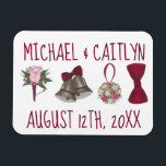 Personalised Wedding Bell Flowers Bowtie Bouquet Magnet<br><div class="desc">Magnet design features an original illustration of a row of classic wedding designs including a bell,  bowtie,  flower bouquet and boutonniere. Just personalise with your information.

Don't see exactly what you're looking for? Contact Rebecca to have a product customised just for you!</div>