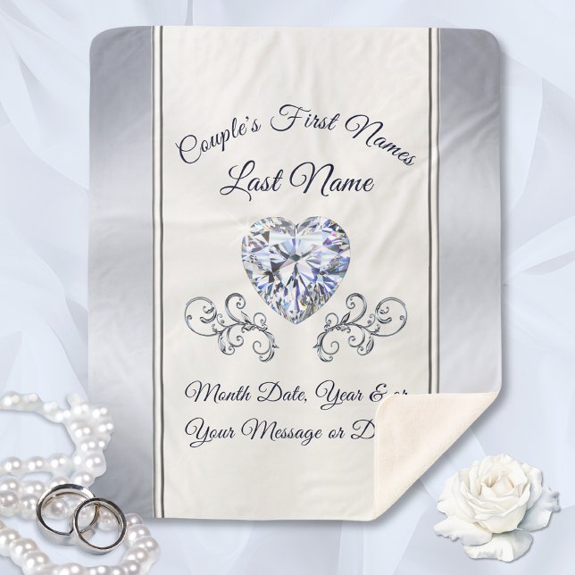 Personalised Wedding Blankets Throws Heart Diamond (Beautiful, Personalized Wedding Blanket. Super Soft Sherpa, Wedding Blanket.  Heart Shaped Diamond.)