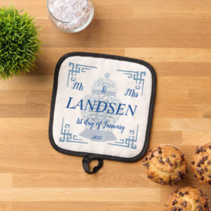 Personalised Wedding Blue and White Ginger Jar   Pot Holder