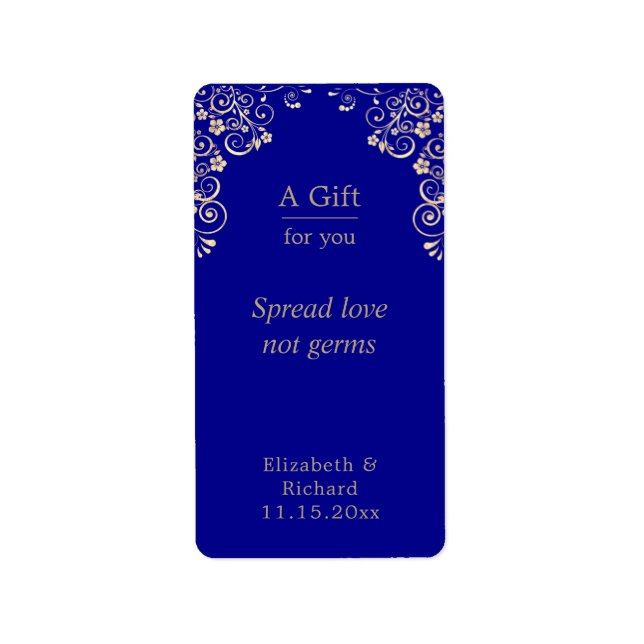 Personalised Wedding Blue Gold Hand Sanitizer  Label (Front)