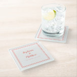 Personalised Wedding Bride & Groom Coral White Glass Coaster<br><div class="desc">The newlyweds are certain to love this simple, minimalist and chic footed glass wedding coaster features a modern design with a double framed border in sophisticated living coral on a crisp white background. This modern simple design provides timeless, classic sophistication. Personalise names of couple and event date in coral lettering...</div>