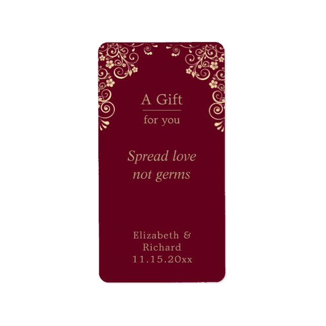 Personalised Wedding Burgundy Gold Hand Sanitizer Label (Front)
