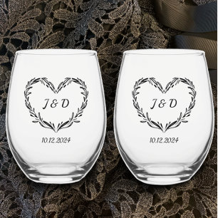 Personalised Wedding Couple's Initials Monogram   Stemless Wine Glass