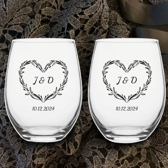Personalised Wedding Couple's Initials Monogram   Stemless Wine Glass (Personalize these hand drawn heart unique custom glasses with couples initials and date monogram 
)