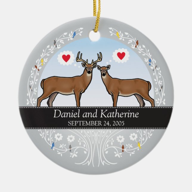 Personalised Wedding Date Anniversary, Buck & Doe Ceramic Tree Decoration (Front)