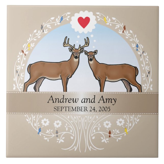 Personalised Wedding Date Anniversary, Buck & Doe Tile (Front)