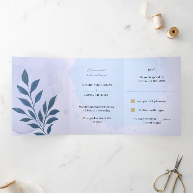 Personalised Wedding Elegan Blue Aesthetic Tri-Fold Invitation (Inside)