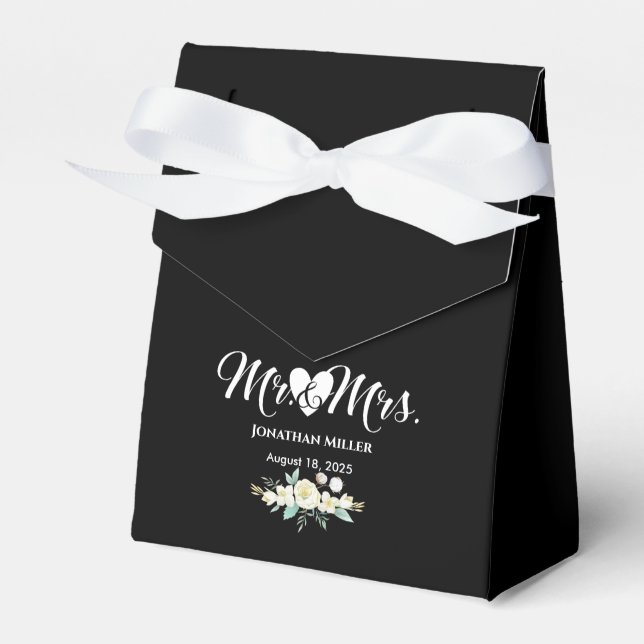 Personalised  Wedding Elegant Black White Floral Favour Box (Front Side)
