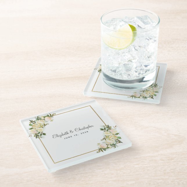 Personalised Wedding | Elegant White Rose Floral Glass Coaster (Angled)