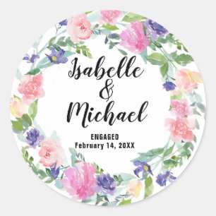 Personalised Wedding Engagement Pink Purple Flower Classic Round Sticker
