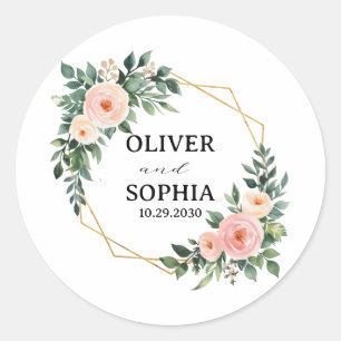 Personalised Wedding Favour Floral Gold Wreath Classic Round Sticker