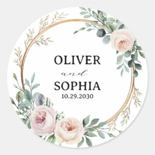 Personalised Wedding Favour Floral Gold Wreath Classic Round Sticker