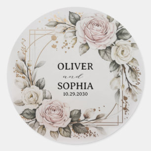 Personalised Wedding Favour Floral Gold Wreath     Classic Round Sticker