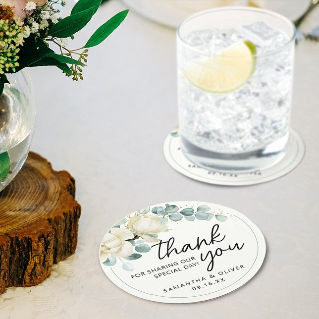 Personalised Wedding Favour Magnolia Eucalyptus Round Paper Coaster (Personalized Wedding Favor Magnolia Eucalyptus Round Paper Coaster)