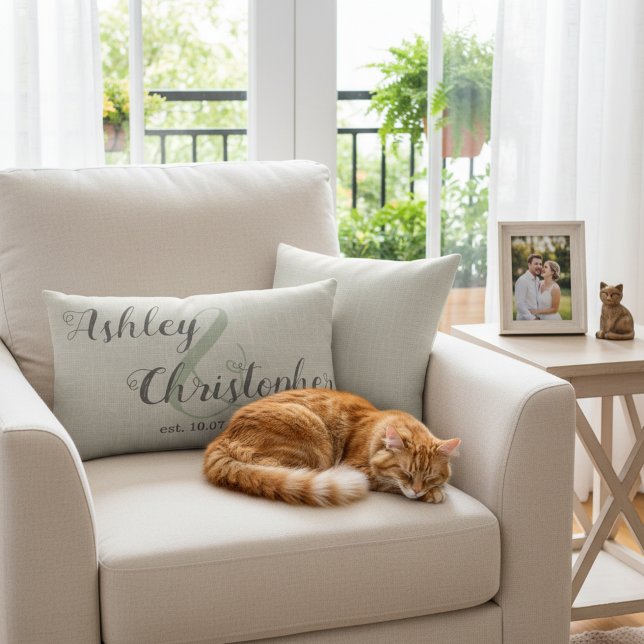 Personalised Wedding Gift: Grey Farmhouse Throw Lumbar Cushion (Wedding gift idea: Personalized neutral color pillow with newlyweds' names and wedding date.)