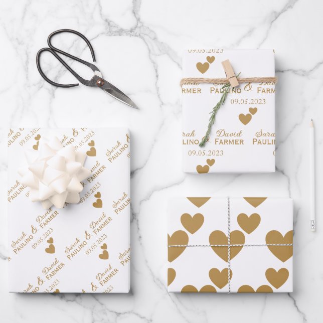 Personalised Wedding Gold Hearts Wrapping Paper Sheet (Front)