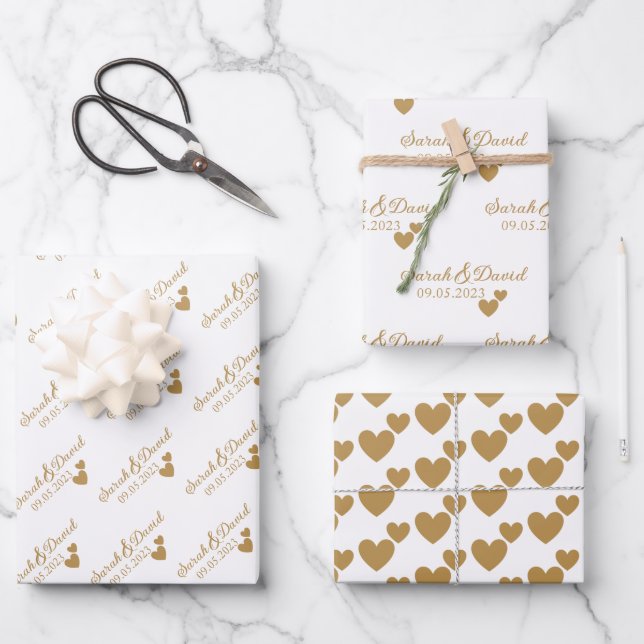 Personalised Wedding Gold Hearts Wrapping Paper Sheet (Front)