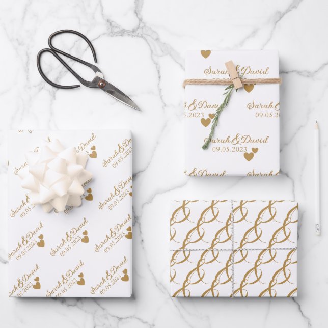 Personalised Wedding Gold Hearts Wrapping Paper Sheet (Front)