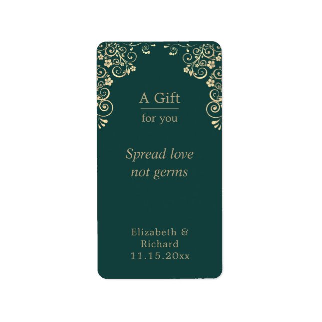 Personalised Wedding Green Gold Hand Sanitizer  Label (Front)