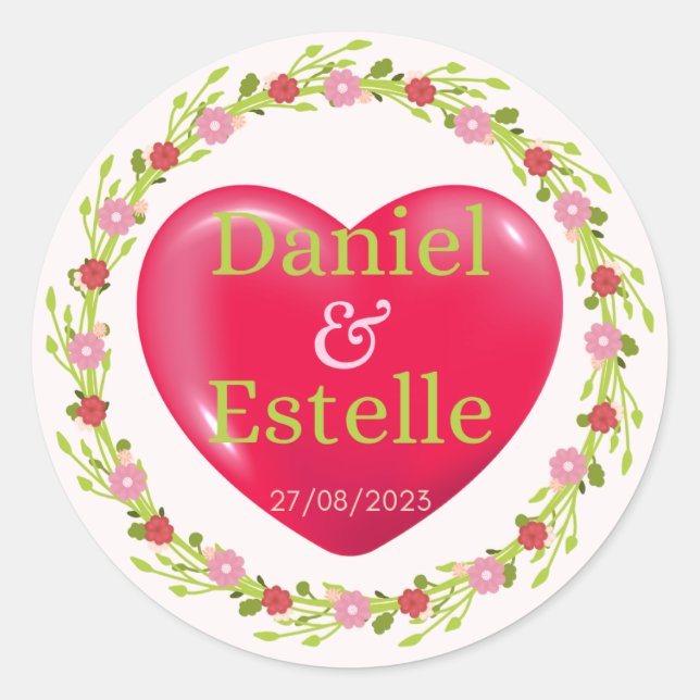 Personalised Wedding Heart Sticker with Floral Wre (Front)