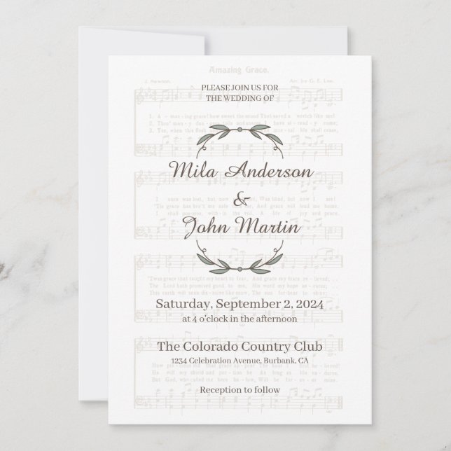 Personalised wedding invitation with musical score (Front)