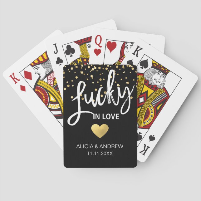 Personalised Wedding LUCKY IN LOVE Gold Black Playing Cards (Back)