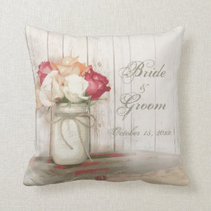 Personalised Wedding Mason Jar Roses Throw Pillow