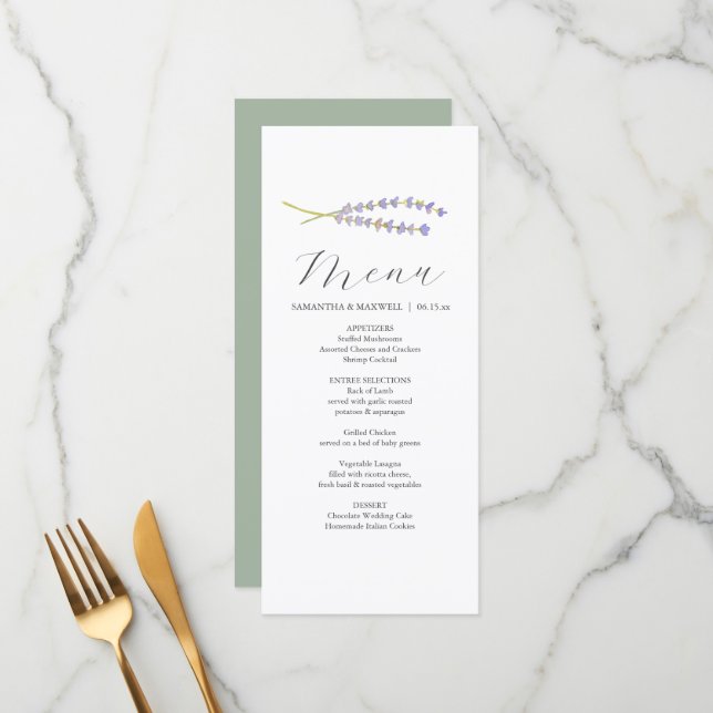 Personalised Wedding Menu Cards Lavender & Sage (Front/Back In Situ)