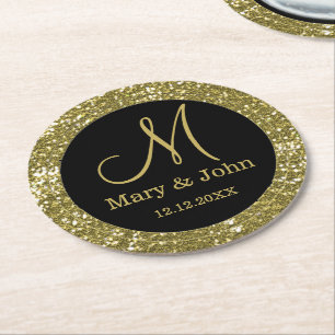 Personalised Wedding Monogram Glitter Gold Round Paper Coaster