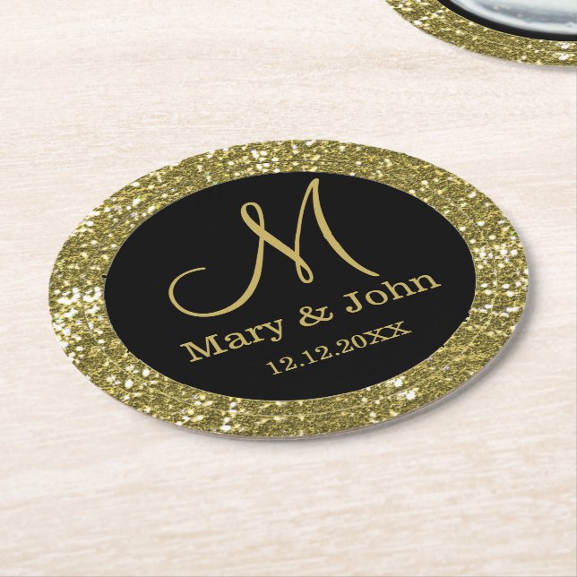 Personalised Wedding Monogram Glitter Gold Round Paper Coaster (Angled)