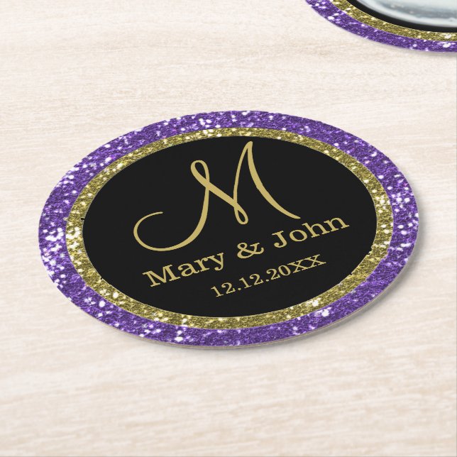 Personalised Wedding Monogram Gold Purple Glitter Round Paper Coaster (Angled)