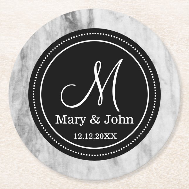 Personalised Wedding Monogram Marble Pattern Round Paper Coaster (Front)