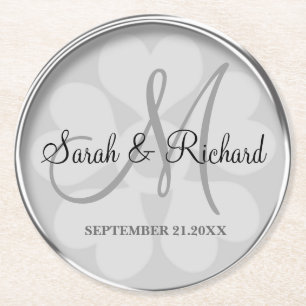 Personalised Wedding Monogram Stylish Silver Round Paper Coaster