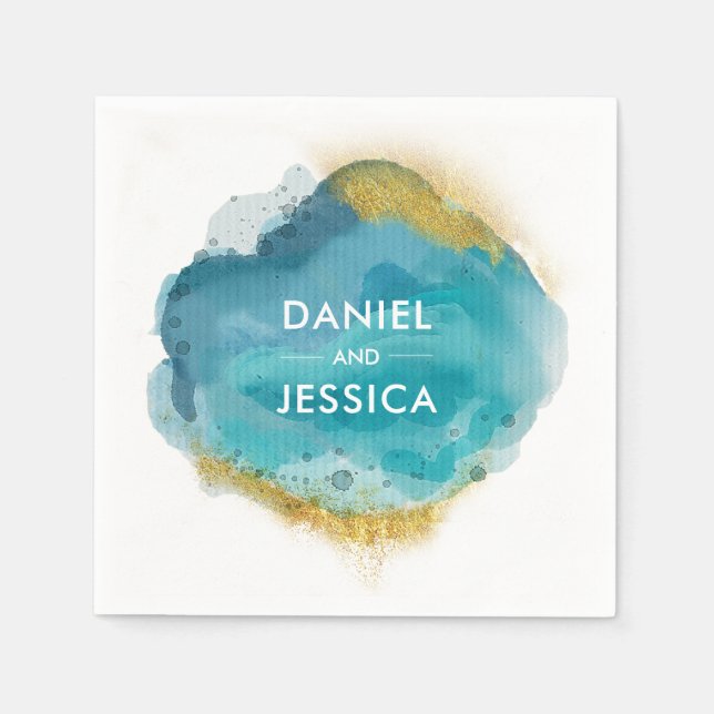 Personalised Wedding Napkin | blue and gold (Front)