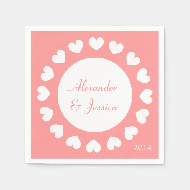 Personalised wedding napkins | coral with hearts (Front)