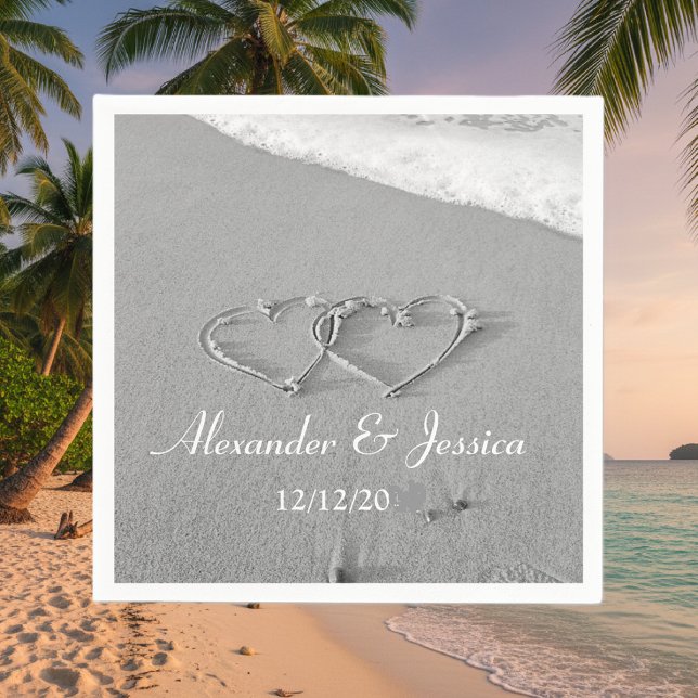 Personalised wedding napkins | drawn heart in sand (hearts in the sand napkins)